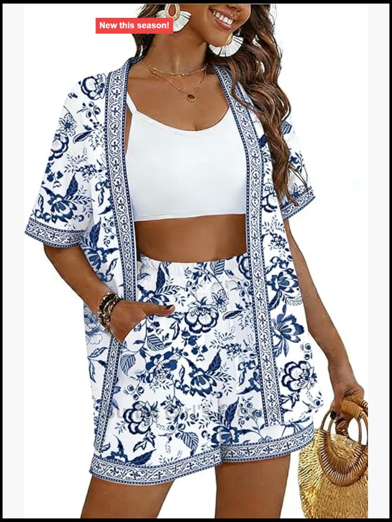 Tropical 2 Piece Set Button Down Short Sleeve Shirt & Elastic Waist Shorts